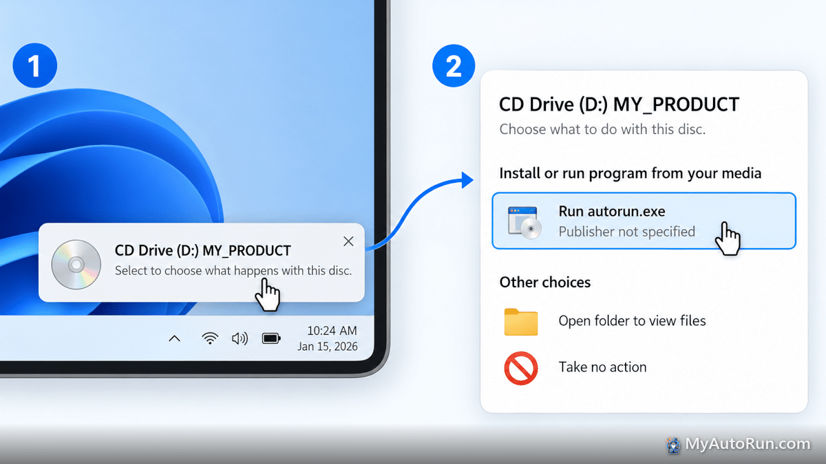 Windows AutoPlay notification and panel with the Run autorun.exe option selected