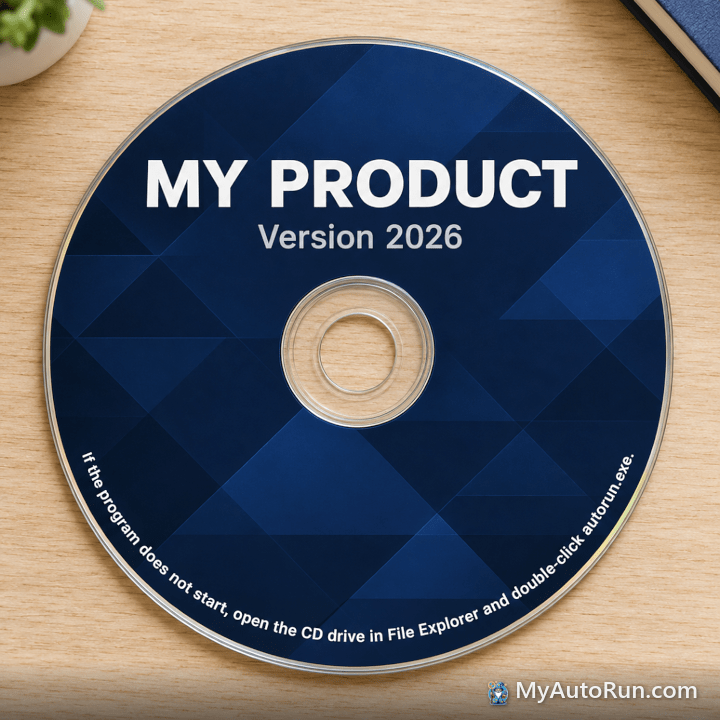 Printed CD label telling users to double-click autorun.exe if the program does not start