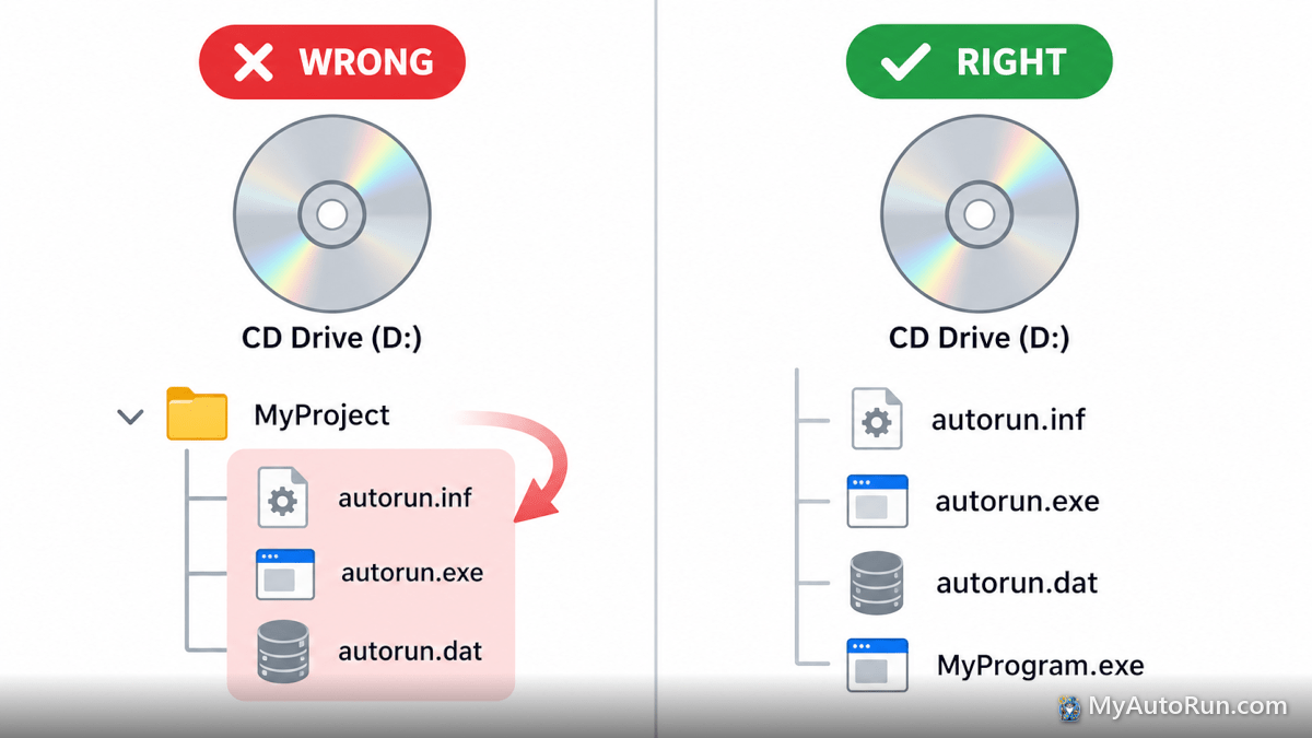 Diagram comparing a disc with AutoRun files inside a folder (wrong) and at the root of the disc (right)
