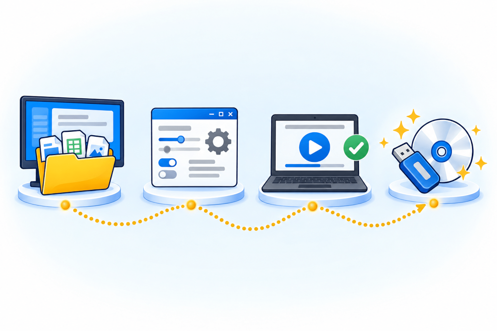 The autorun steps: gather files, configure, test, then copy to USB or burn to CD
